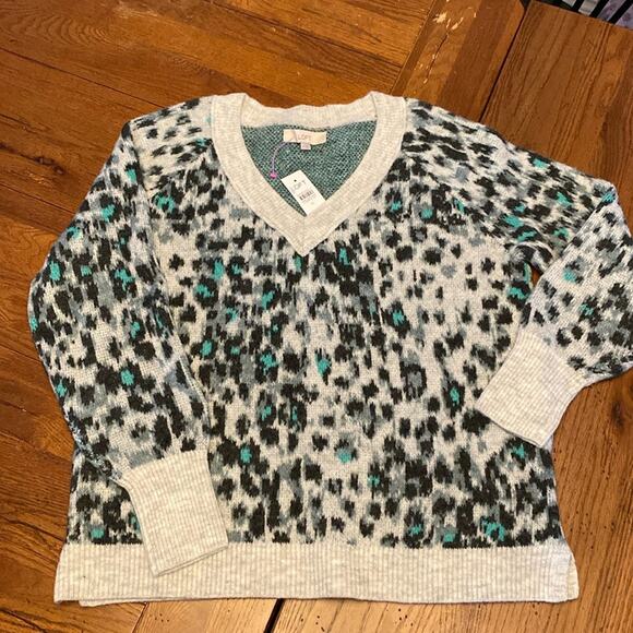 New Ann Taylor Loft womens animal cheetah print grey and teal wool blend sweater - Picture 6 of 6